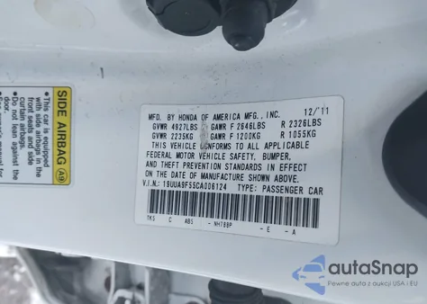 2012 Acura Tl 3.7 из США, поврежденный, VIN 19UUA9F55CA006124